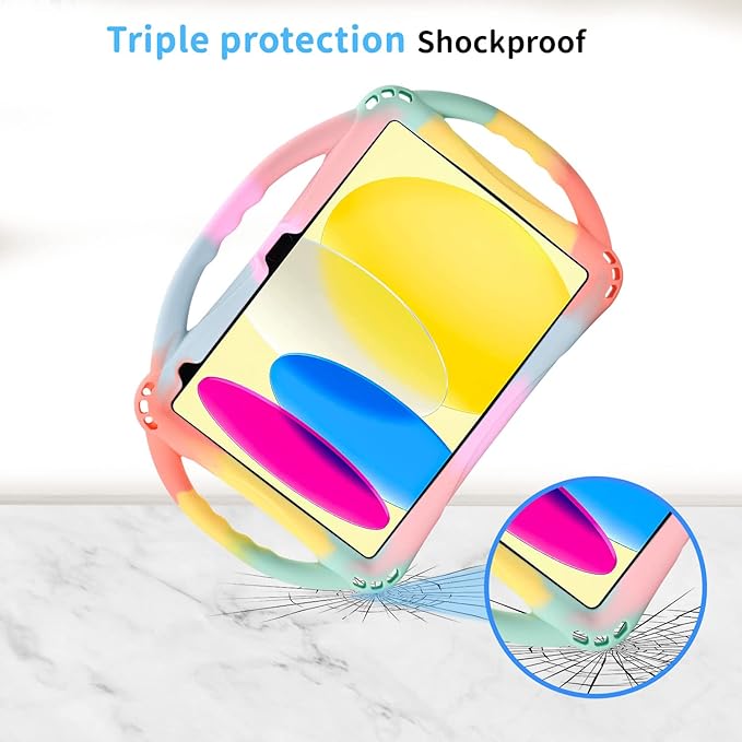 TopEsct Kids Case for iPad (A16) 11th Gen 11 2025 iPad 10th Gen 10.9 2022 with Tempered Glass Screen Protector Silicone Shockproof Case Comes with Strap (Rainbow)