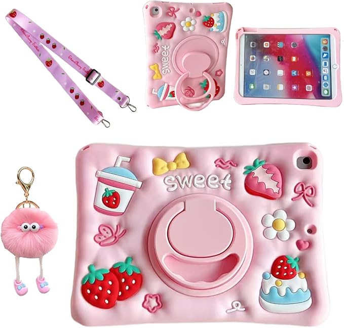 3D Cute Strawberry Cake Juice Case for iPad 9th/8th/7th 10.2 inchKawaii Cartoon Delicious Desserts Soft Silicone Rotating Stand Case with Lanyard for Kids Teens Girls Women