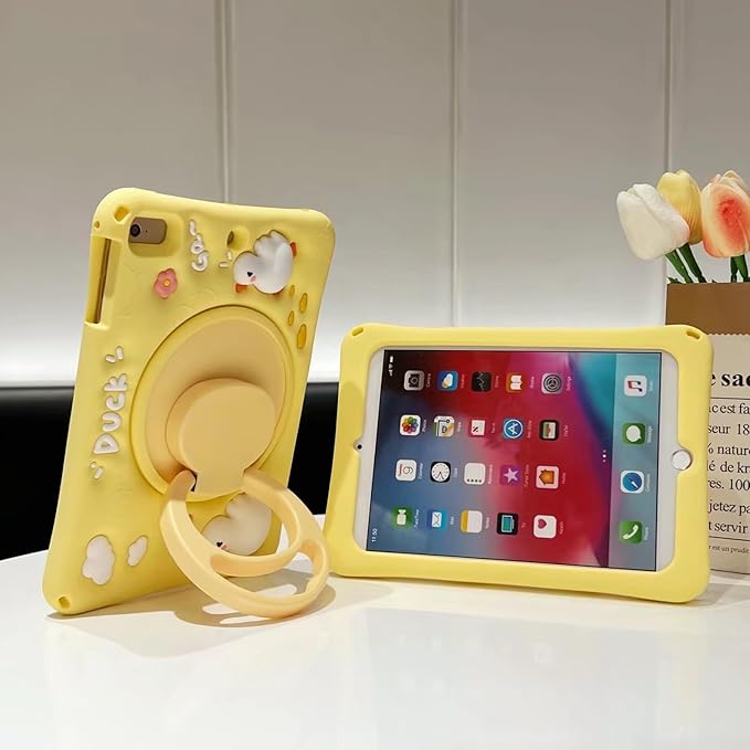 3D Cute Press Duck Case for iPad mini 1st 2nd 3rd 4th 5th Gen 7.9 inchKawaii Cartoon Character Duck Soft Silicone Rotating Stand Case with Lanyard for Kids Teens Girls Women