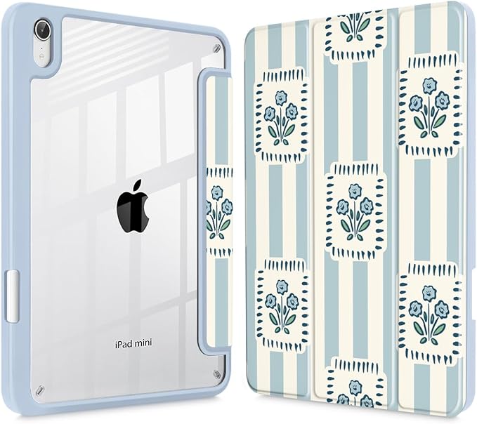 Mektron Printed Case for iPad mini 7 (A17 Pro) 2024/ Mini 6 2021 iPad mini 7th/6th Generation 8.3-inch Liquid Retina Display Cover Buit in Pencil Holder with Clear Back Shell Patchwork Floral