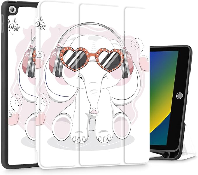 Tuiklol Case for iPad 10.2 Inch 2021 2020 2018 Release 9th / 8th / 7th Generation Built-in Pencil Holder TPU Protective Stand Back Cover Trifold Stand-Auto Wake/Sleep Lovely Elephant