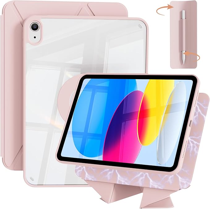 for iPad A16 Case 11th Generation 11 Inch 2025 for iPad 10th Generation Case 10.9 Inch 2022 with Pencil Holder Folio Stand Cover Clear Back Magnetic Attachment Multi Angles Pink