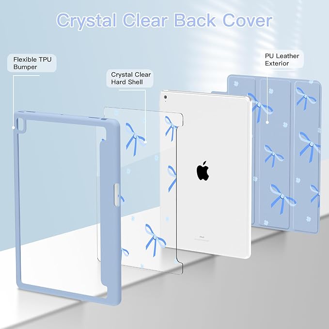 Teryeefi for iPad 10.2 case 2021 Release 9 Generation Built in Pencil Holder - Stand-Auto Wake/Sleep TPU Protection Stand Clear Back Cover for 2020 2019 iPad 7th/8th Case (Blue Bow)