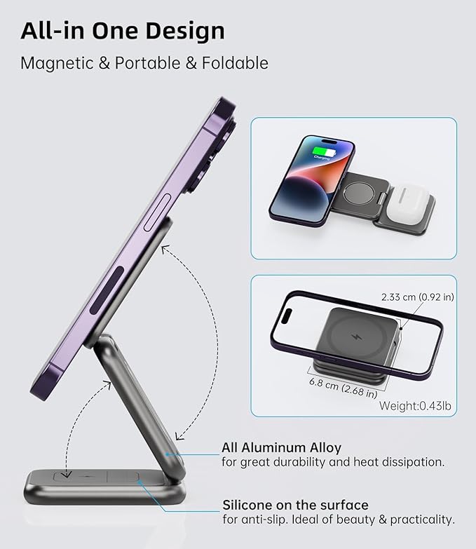 Foldable Magnetic Wireless Charger KU XIU X40 Aluminum Alloy 3 in 1 Charging Station for Apple Fast Magnetic Charger Stand for iPhone 17 16 15 14 13 12 Series 5W for iWatch AirPods 3/2/Pro Gray