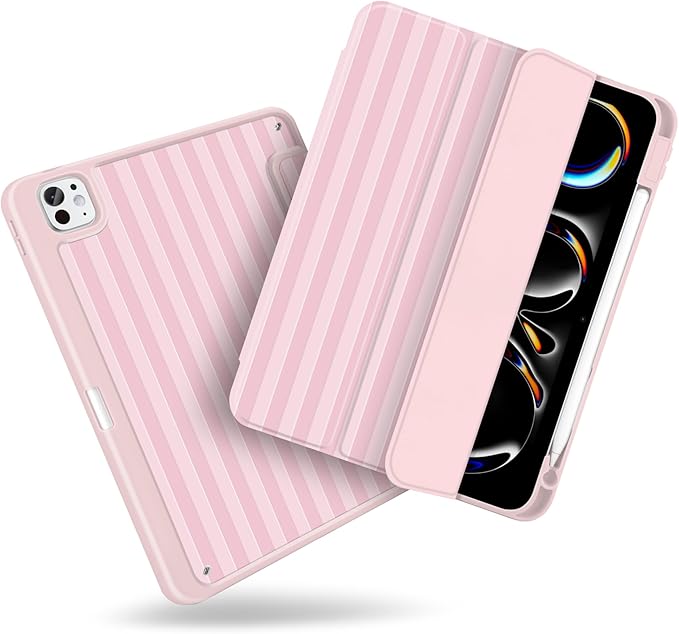 MecBevia Case for iPad Pro 11 inch M5 2025 / M4 2024 (6th/5th Gen) A3357 A3358 A3359 A2836 A2837 A3006 – Built-in Pencil Holder &amp Auto Wake/Sleep Pink Stripes