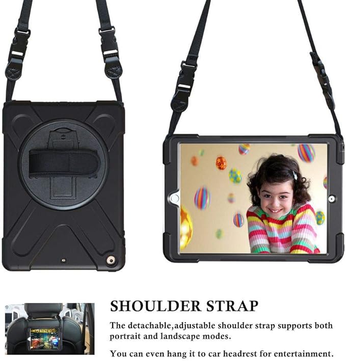 iPad Air Case 1st Generation 2013 TSQ iPad Air 1 Case Heavy Duty Shockproof Military Grade Rugged Protective Case w/Rotating Stand Hand Shoulder Strap for iPad Air 9.7 Inch A1474/A1475/A1476-Black