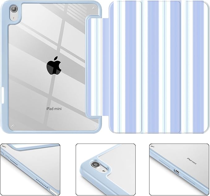 Mektron Printed Case for iPad mini 7 (A17 Pro) 2024/ Mini 6 2021 iPad mini 7th/6th Generation 8.3-inch Liquid Retina Display Cover Buit in Pencil Holder with Clear Back Shell Blue Striped
