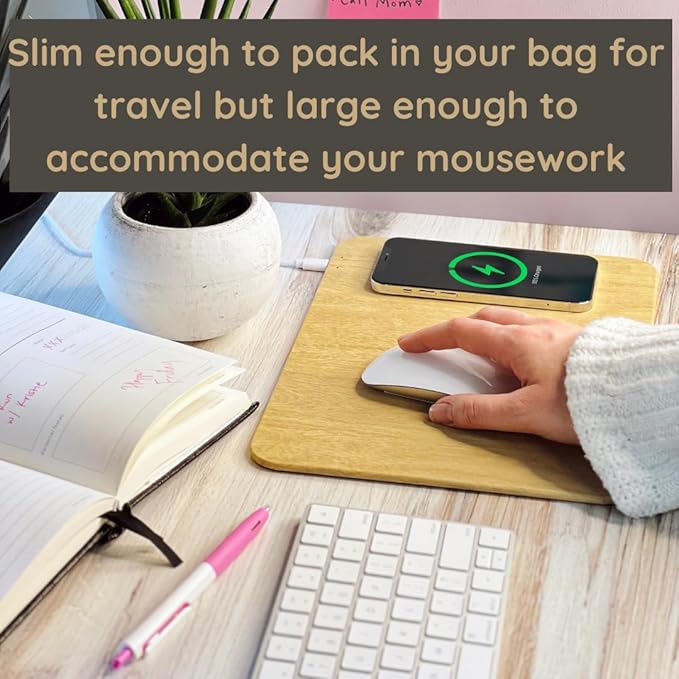 Tech Candy Power Pad Qi Charger Mouse Pad - Charges Wireless Phone Natural Wood Look Slim Built-in LED Light Slim Great for Travel USB Cable Included Vegan Leather Simple to Use