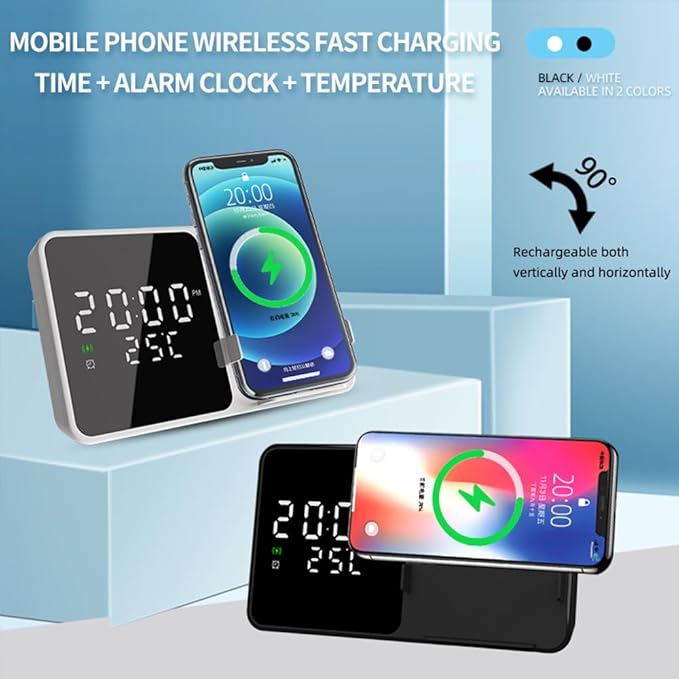 IHAO Multifunctional Alarm Clock with Wireless Charging for Phone 15W Fast Charger Large LED Display Temperature Phone Bracket for Bedside &amp Desk-W5 White