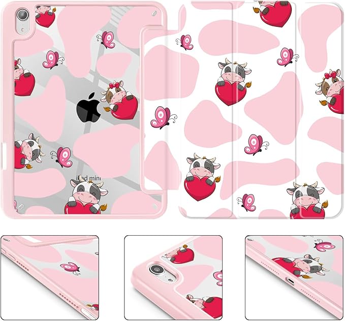 Mektron Printed Case for iPad mini 7 (A17 Pro) 2024/ Mini 6 2021 iPad mini 7th/6th Generation 8.3-inch Liquid Retina Display Cover Buit in Pencil Holder with Clear Back Shell Butterfly Cow