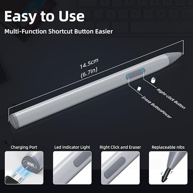 Stylus Pen for HP Envy X360 Pavilion X360 Specter X360 Spectre X2 Envy X2 Rechargeable MPP 2.0 Tilt Active Pen with 4096 Pressure Sensitivity Palm Rejection Triangular Pen Body Design Silver