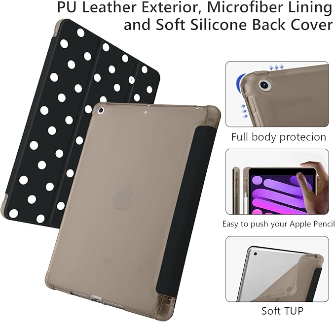 Cute White Polka Dot for iPad Pro 11 Inch Case (M5/M4) 2025/2024 with Pencil Holder Auto Sleep/Wake Black Leather Soft TPU Back Cover