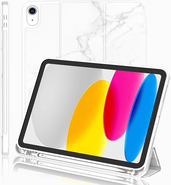 iMieet iPad (A16) Case 11th Gen/iPad 10th Generation Case [11-Inch 2025/10.9 Inch 2022] with Pencil Holder Trifold Stand Smart Cover with Soft TPU BackAuto Wake/Sleep(New Marble White)