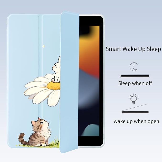Cue Kitten Cat Bunny Flower for iPad Pro 11 Inch Case 4th/3rd/2nd Generation 2022/2021/2020 with Pencil Holder Auto Sleep/Wake Blue Leather Soft TPU Back Cover