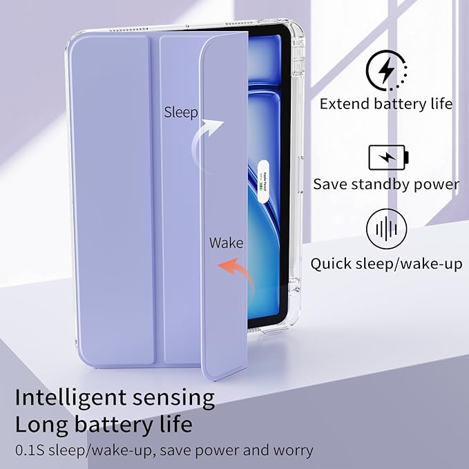 Case for iPad Air 11 inch M4/M3/M2 (2026/2025/2024) &amp iPad Air 5/4th Generation (2022/2020) 10.9 inch 2-in-1 Removable Hard PC Transparent Back with Pencil Holder Auto Sleep/WakeLight Purple