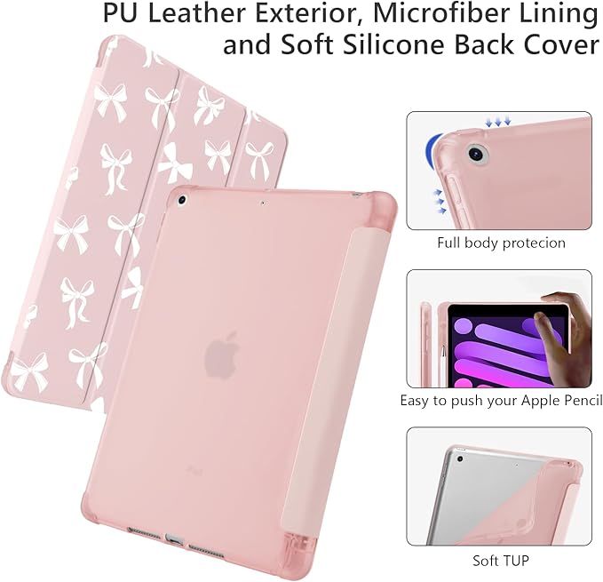 Cute Kawaii Bow for iPad Pro 11 Inch Case (M5/M4) 2025/2024 with Pencil Holder Auto Sleep/Wake Pink Leather Soft TPU Back Cover