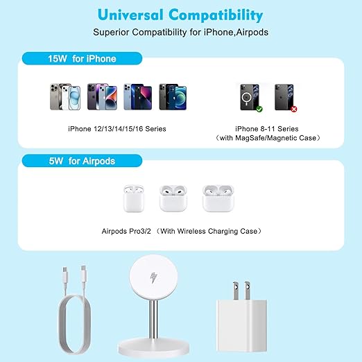 Magnetic Wireless Charger iPhone Charger Stand Stand Magnetic Pad2Pack Fast Magnet Charging Station for iPhone 16 ProMax/16 Plus/15/14/13/12 Apple Magnet Wireless Charging Station/AirPods Pro 2/3/4