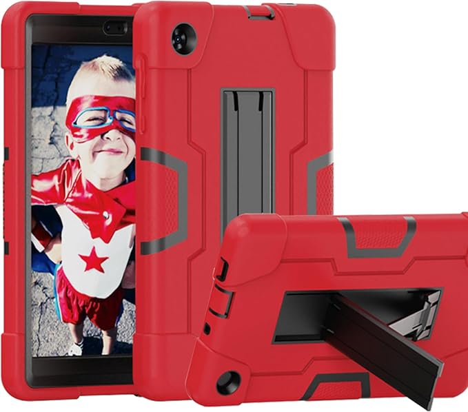 Case for for Alcatel Joy Tab 2 Tablet 8-inch 2020 Release (Model: 9032Z) - [Built-in Kickstand] Anti Slip Kids Friendly Shockproof Silicone Protective Cover (Red/Black)