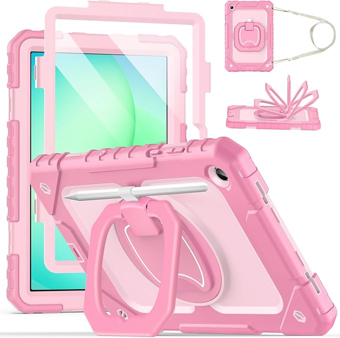 Cantis Case for Samsung Galaxy Tab A11 Plus 11 Inch 2026 (SM-X230/X236/X238) Shockproof Case for Tab A11+ with Screen Protector/Rotating Stand/Pen Holder/Shoulder Strap Pink+LP+Pink