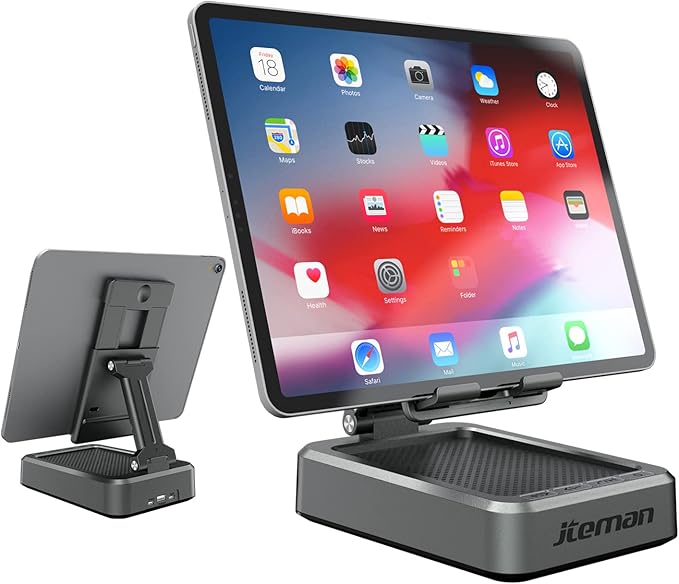 Jteman Wireless Bluetooth Speaker Tablet Stand Adjustable with Bluetooth SpeakersGifts for Women MenKitchen Gadget for MenCompatible with Phones and Tablet (4.0-12.9'') - Graphite