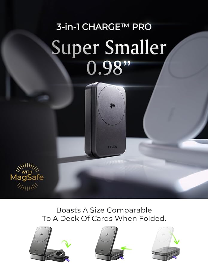 LISEN for iPhone 17 Pro Max 15W magsafe Fast Charger 3-in-1 Charging Station Qi2 Certified Foldable Magsafe Charger Stand for Apple Multiple DevicesWireless NightstandAirPodsApple Watch