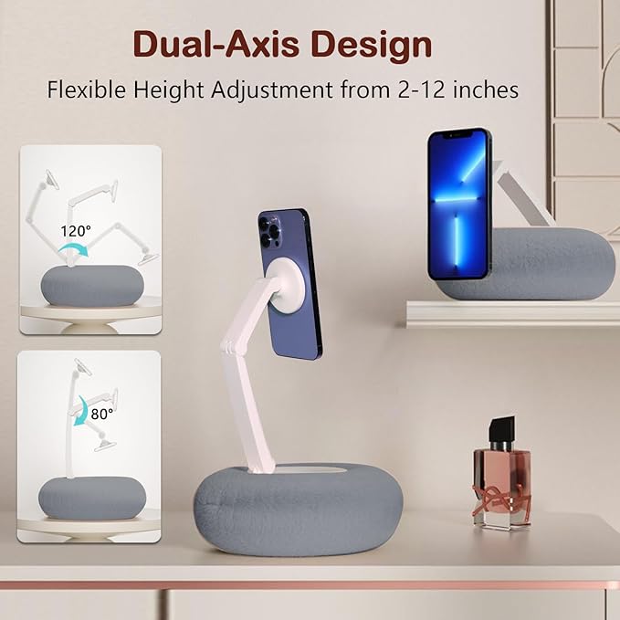 Upgraded Magnetic Kindle Holder for Bed Dual-Axis 360° Adjustable Pillow Stand with Bowl &amp Suction Cup Base Compatible with 3.5–7 Kindle E-Reader iPhone &amp Android PhonesGray