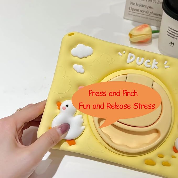 3D Cute Press Duck Case for iPad mini 1st 2nd 3rd 4th 5th Gen 7.9 inchKawaii Cartoon Character Duck Soft Silicone Rotating Stand Case with Lanyard for Kids Teens Girls Women