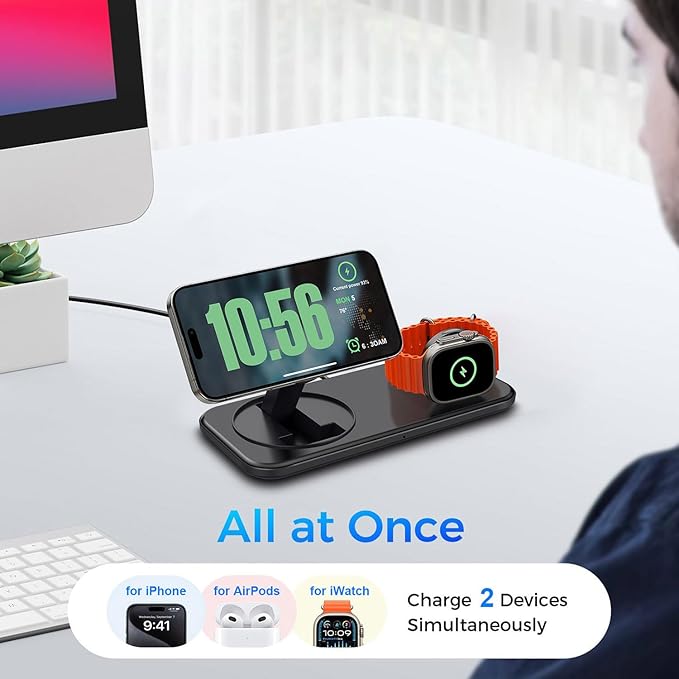 2 in 1 Wireless Charging Station for Mag-Safe Magnetic Wireless Charger Pad 15W Fast Charge for iPhone 17 Pro Max/17 Air/16/16 Plus/15/14/13/12AirPods Pro 3Apple Watch SeriesBlack