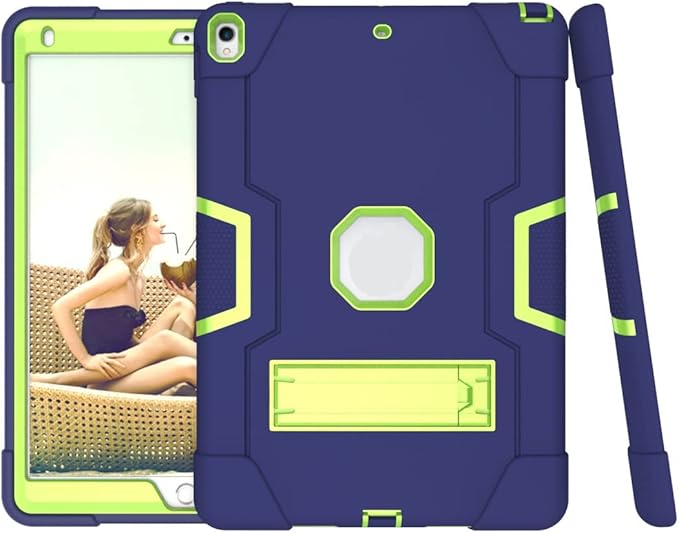 Jaorty 3 in 1 Hybrid Case for iPad Air 3 10.5 &amp iPad Pro 10.5 - Heavy Duty Rugged Stand Shockproof Anti-Slip Anti-Scratch Blue/Yellow Green