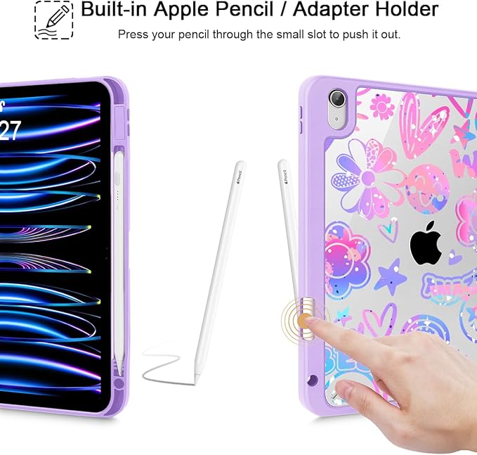 Tuiklol Case for iPad 11 inch (A16 Chip) 2025 Gen 11th / iPad 10.9 inch 2022 10th Gen Buit in Pencil Holder with Shockproof Cover Clear Transparent Back Shell Auto Wake/SleepFun Emotions Purple