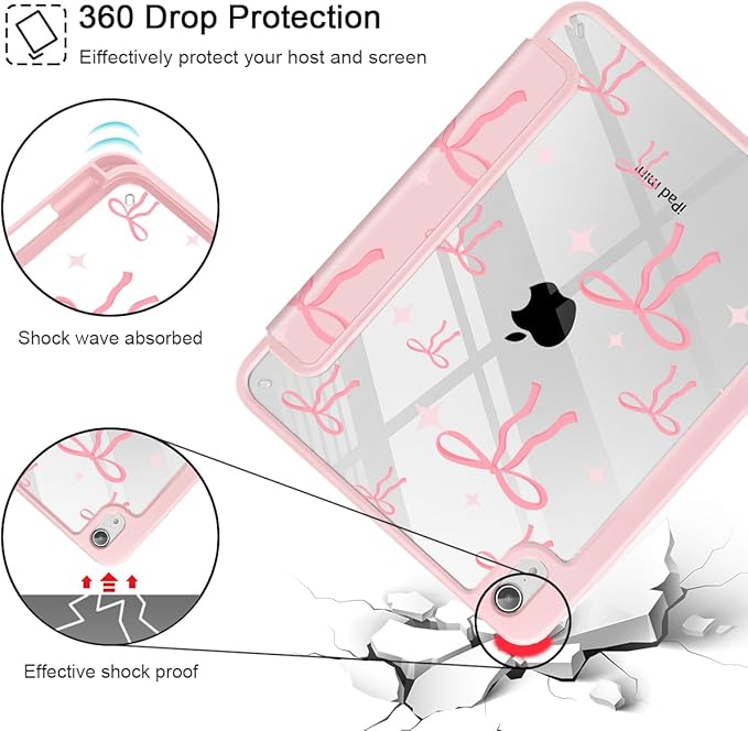 May Chen Slim Case for iPad mini 7 (A17 Pro 7th Generation) 2024 / iPad mini 6 (6th Gen) 8.3 Inch [Built-in Pencil Holder] Shockproof Cover Clear Clear Back Shell Auto Wake/Sleep Pink Bows P721