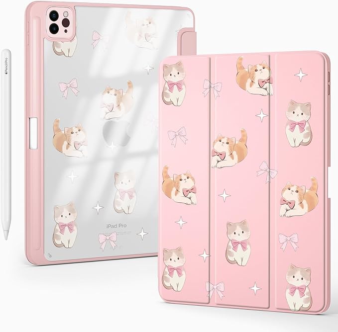 Cute Kawaii Kitten Bow for iPad (A16) 11th Generation Case 11 Inch 2025 for iPad 10th Gen Case 10.9 Inch 2022 with Pencil Holder Auto Sleep/Wake Pink Leather Clear Acrylic Back Cover