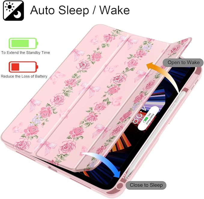 May Chen Case for iPad Air 13 Inch M4 2026 M3 2025 M2 2024 [Built-in Pencil Holder] Shockproof Cover with Clear Transparent Back Shell Auto Sleep/Wake Cover Bow &amp Rose Flower