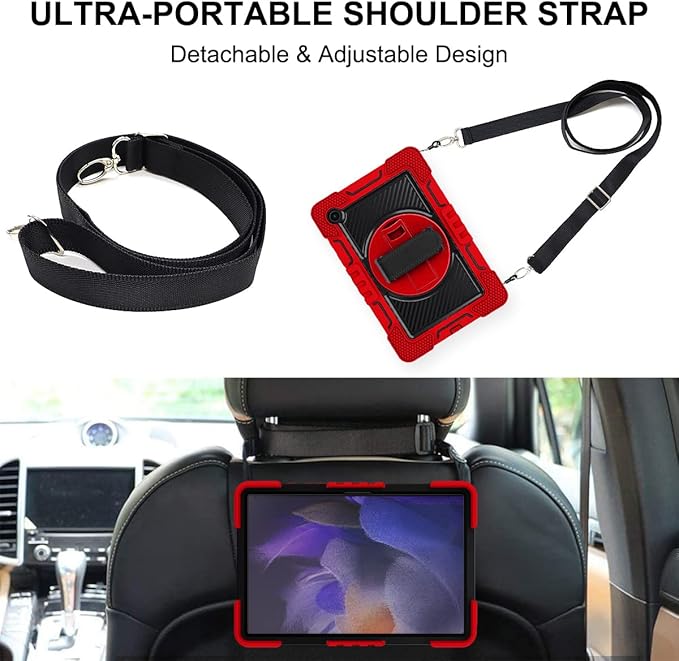 Case for Samsung Galaxy Tab A8 10.5 inch Tablet 2022 (SM-X200/X205/X207) with Hand Strap &amp Shoulder Strap [360° Rotating Kickstand] Hard Rugged Shockproof Swivel Stand Cover Red + Black