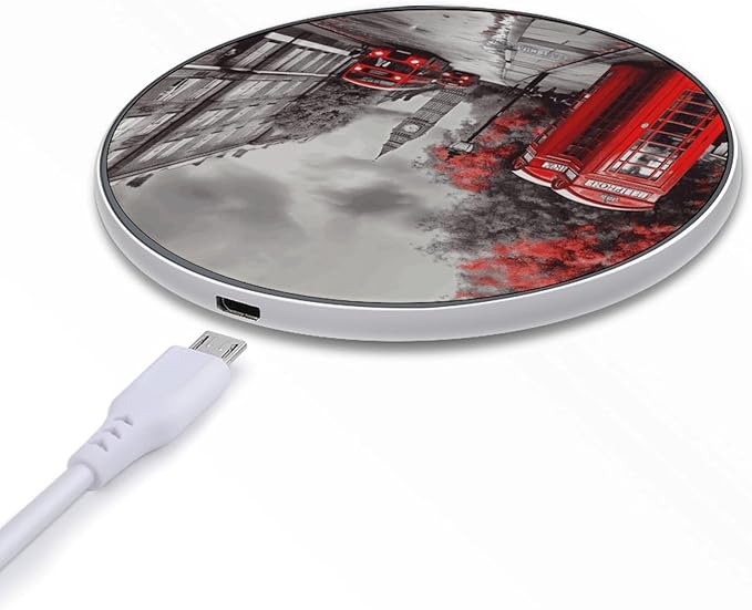 Red London Street Wireless Charger Fast Wireless Charging Pad with USB Cable 10W Anti-Slip Magnetic Wireless Charger Portable Slim Charger Puck Travel Charging Station