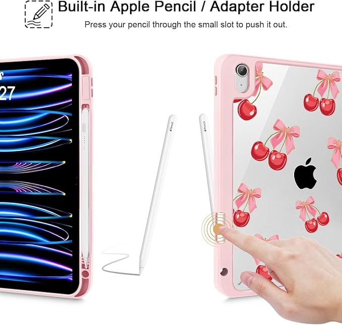 Tuiklol for 2025 iPad (A16 Chip) 11th Generation 11 inch/iPad 10th Gen 10.9 inch 2022 Case Buit in Pencil Holder with Clear Back Shell Cover Trifold Stand Auto Wake/SleepCherries Grid