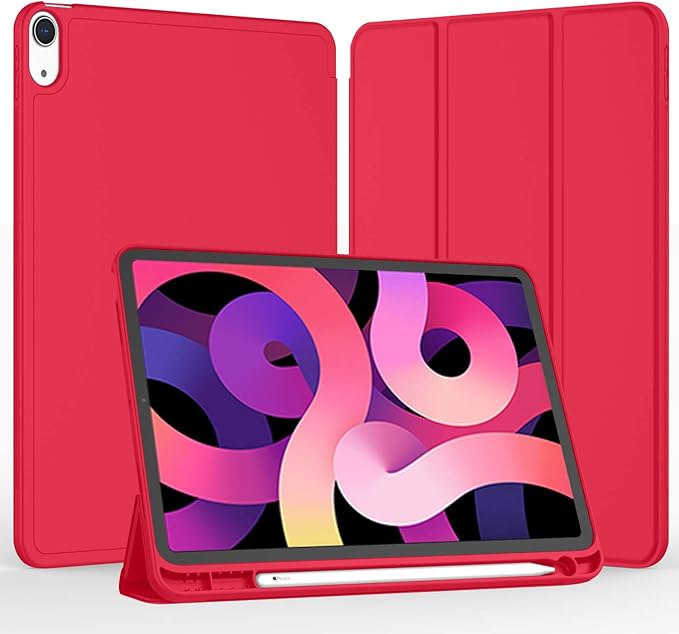 iMieet iPad Air 11 Inch Case M4/M3/M2(2026/2025/2024) iPad Air 5th/4th Generation Case 2022/2020 10.9 Inch with Pencil HolderTrifold Stand Smart Case with Soft TPU Back(Red)