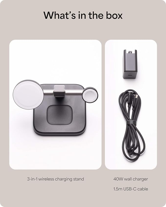 Mophie 3-in-1 Wireless Charging Stand - Qi2-Certified MagSafe Charger for iPhone Apple Watch &amp AirPods – Fast Charging Station with Adjustable Phone Stand &amp Cable Management – Up to 15W Powe