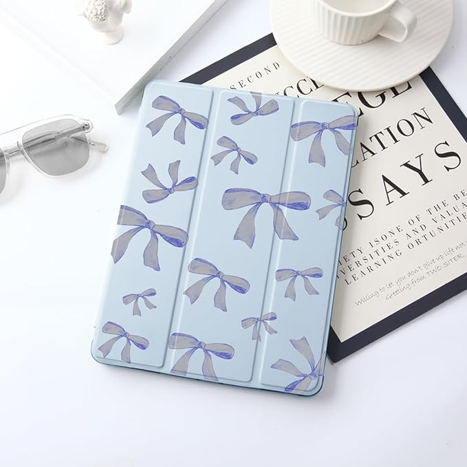 JOYLAND Blue Bow Pad Case for iPad 5th/6th Generation with Pencil Holder - Auto Wake/Sleep Anti-Scratch Shockproof Premium Folio Stand Case for iPad 9.7 inch