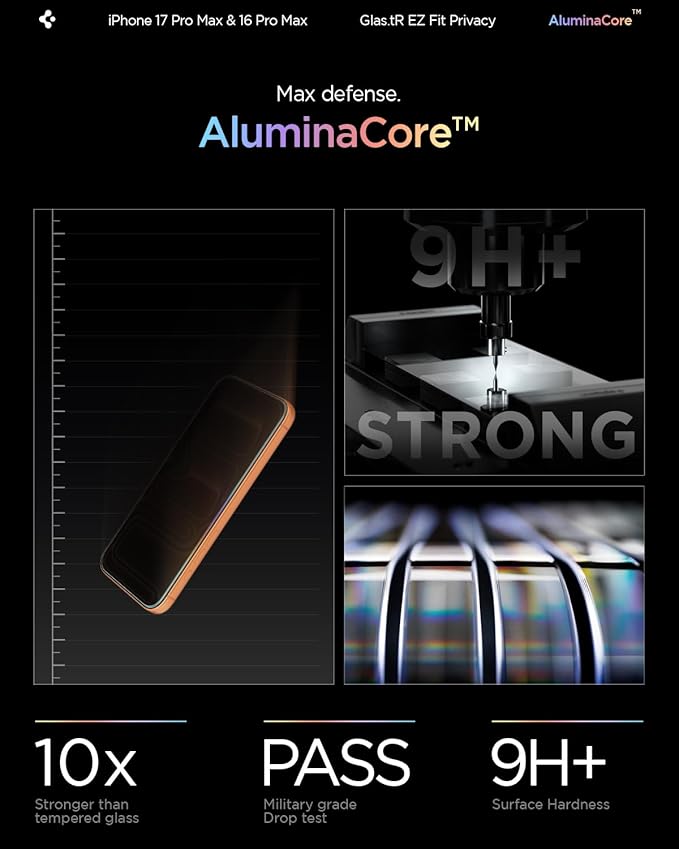 Spigen AluminaCore Tempered Glass Screen Protector [Glas.tR EZ Fit - Privacy] designed for iPhone 17 Pro Max | iPhone 16 Pro Max [2 Pack] 9H+ Hardness Aluminum-Enhanced Durability
