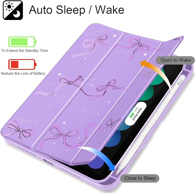 May Chen Slim Case for iPad mini 7 (A17 Pro 7th Generation) 2024 / iPad mini 6 (6th Gen) 8.3 Inch [Built-in Pencil Holder] Shockproof Cover Clear Clear Back Shell Auto Wake/Sleep Purple Stars Bow