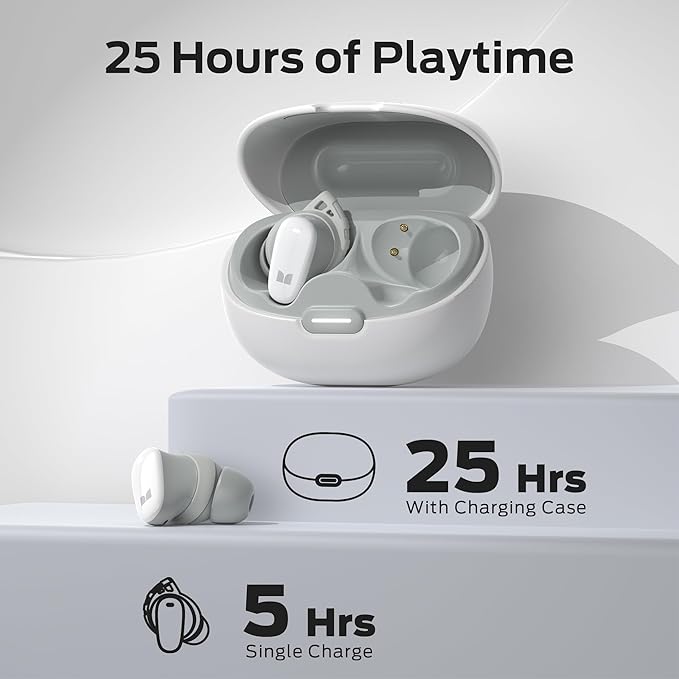Monster N-Lite 206 Wireless Earbuds Bluetooth 5.4 in Ear Headphones Bluetooth Ear Buds Built-in Microphone Touch Control Comfortable Fit USB-C Fast Charging IPX6 Waterproof 25H Playtime White