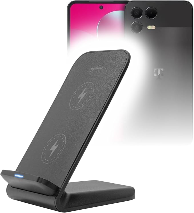 BoxWave Charger Compatible with T-Mobile REVVL 8 Pro - Wireless QuickCharge Stand (15W) Desktop Viewing Qi Wireless Charging - Jet Black