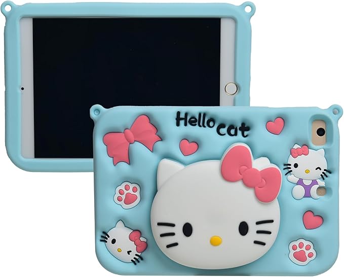 Cartoon Case for iPad Air 1/2 iPad 9.7 2017/2018MONEHOYSY Cute Soft Silicone Kickstand [Drop ProofShock ProofAnti Slip] Back Stand Cover Case for Kids Children Teens Girls Boys (Kitty-4)