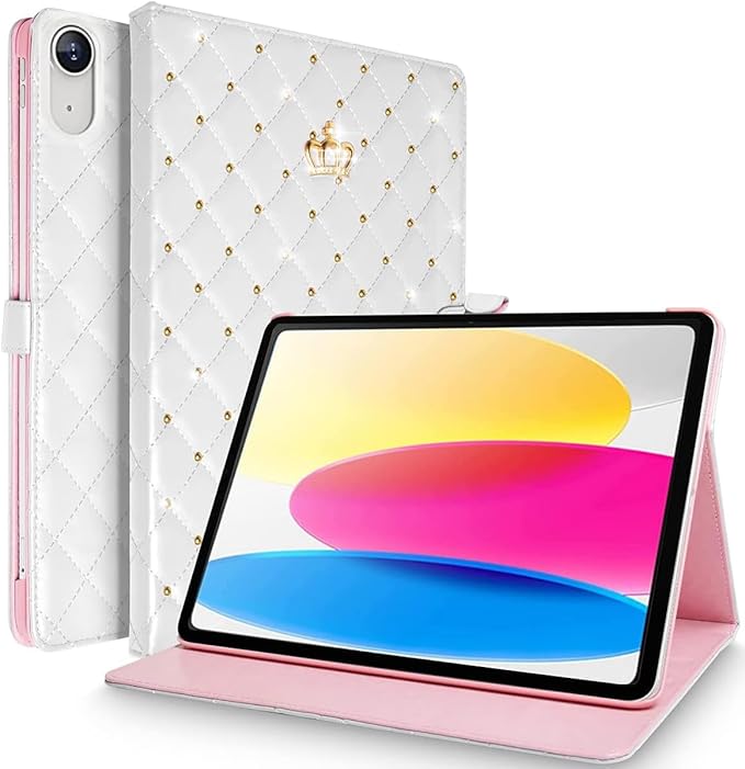 for iPad (A16) 11th Generation 11 Inch 2025/iPad 10th Generation 10.9 2022 Case Girly Crown Rhinestone Cute Elegant PU Leather Auto Sleep/Wake Stand Shockproof Case for iPad 11th/10thWhite