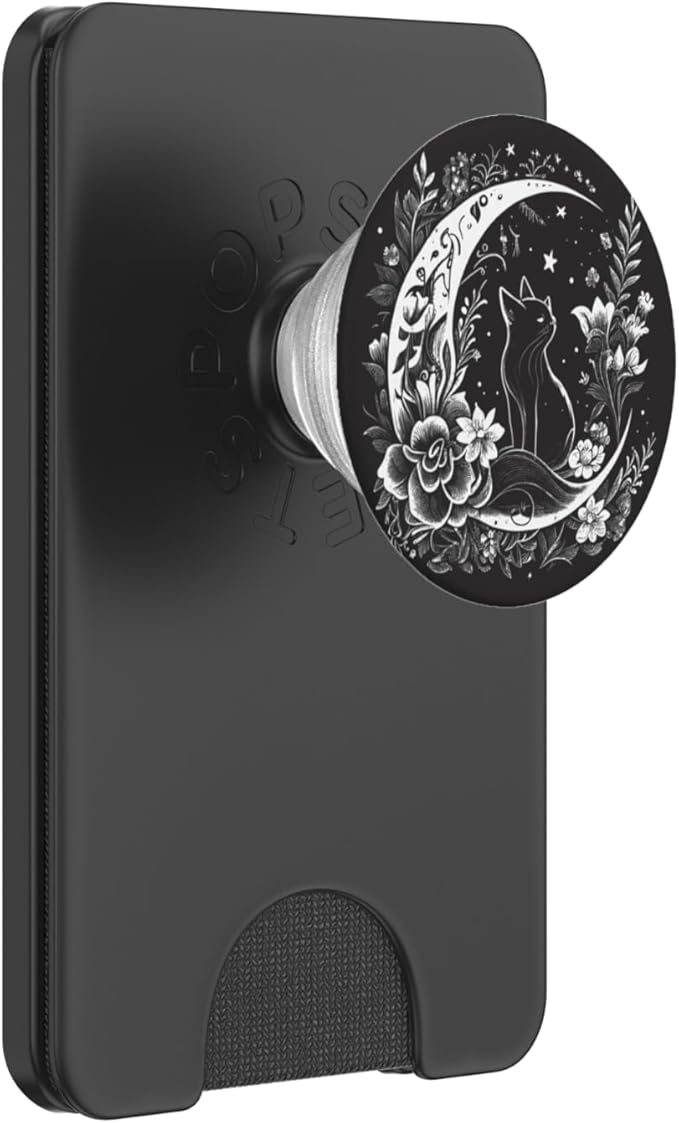 Cat Sitting On Crescent Moon Flowers Stars Drawing Women PopSockets PopWallet for MagSafe
