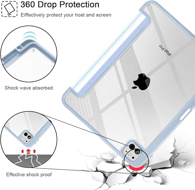 Mektron Case for M5/ M4 iPad Pro 11 inch 2025/2024 with Pencil Holder Compatible Models: A3357/A3358/A3359/A2836/A2837/A3006 Shockproof Cover Clear Shell Blue Striped