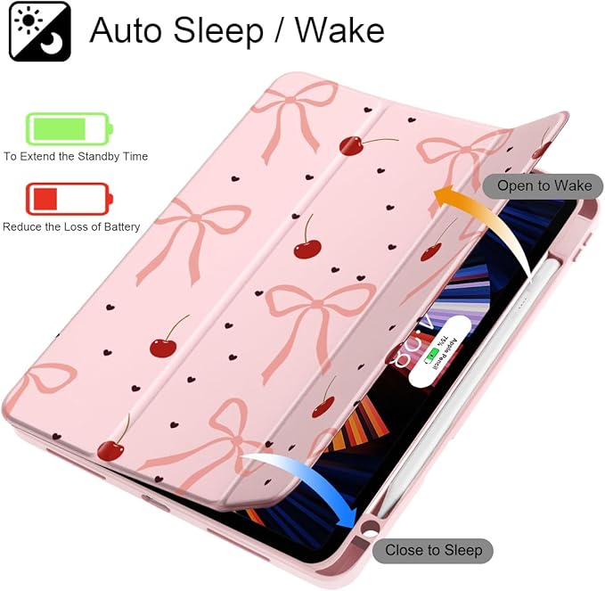 Mektron Case for iPad Pro 11 inch (4th 3rd 2nd &amp 1st Gen) 2022 2021 2020 2018 Buit in Pencil Holder with Shockproof Cover Clear Shell + Auto Wake/Sleep Pink Bows-Hearts