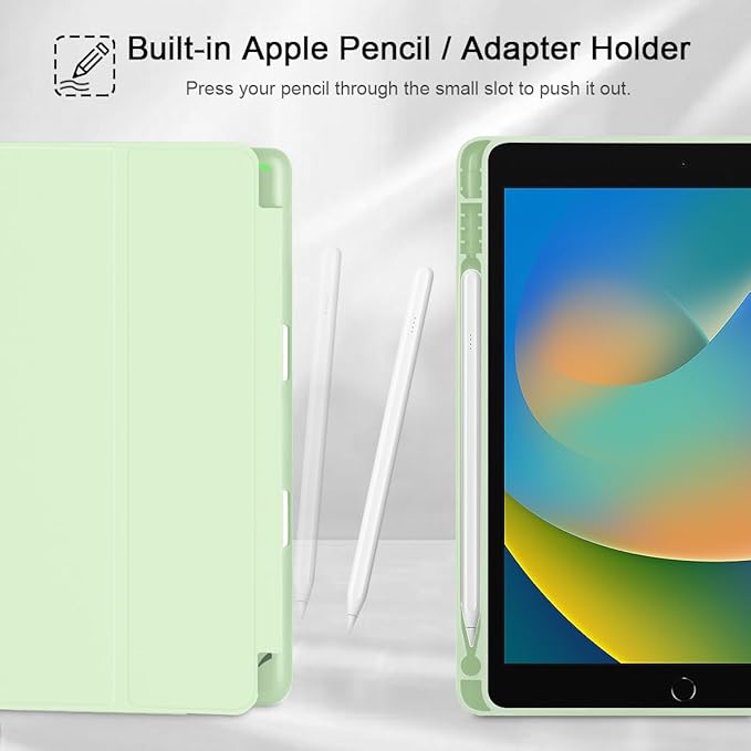 Mektron Designed Printed iPad 10.2 Case 9th Gen (2021)/ 8th Gen (2020)/ 7th Gen (2019) with Pencil Holder Slim Protective Case with Soft TPU Back for iPad 10.2 inch Flowers-Bows-Green