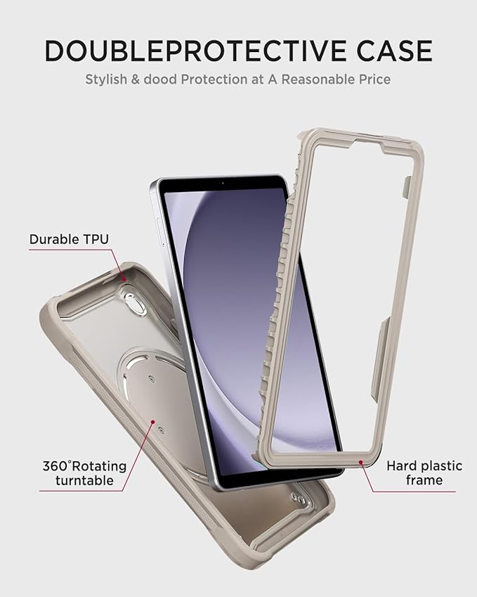 Miimall Case for Galaxy Tab A11 8.7 Inch 2025 with 360 Rotating Stand Bulit-in Shoulder Strap Shockproof Rugged Kids Friendly Shell Stylus Holder Cover for Samsung Galaxy A11 Tablet Khaki Clear